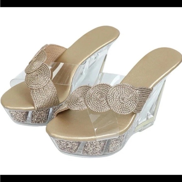 Heels Womens Size 6 Rose Gold Adjustable Strap Clear Glass Heel - Picture 1 of 7